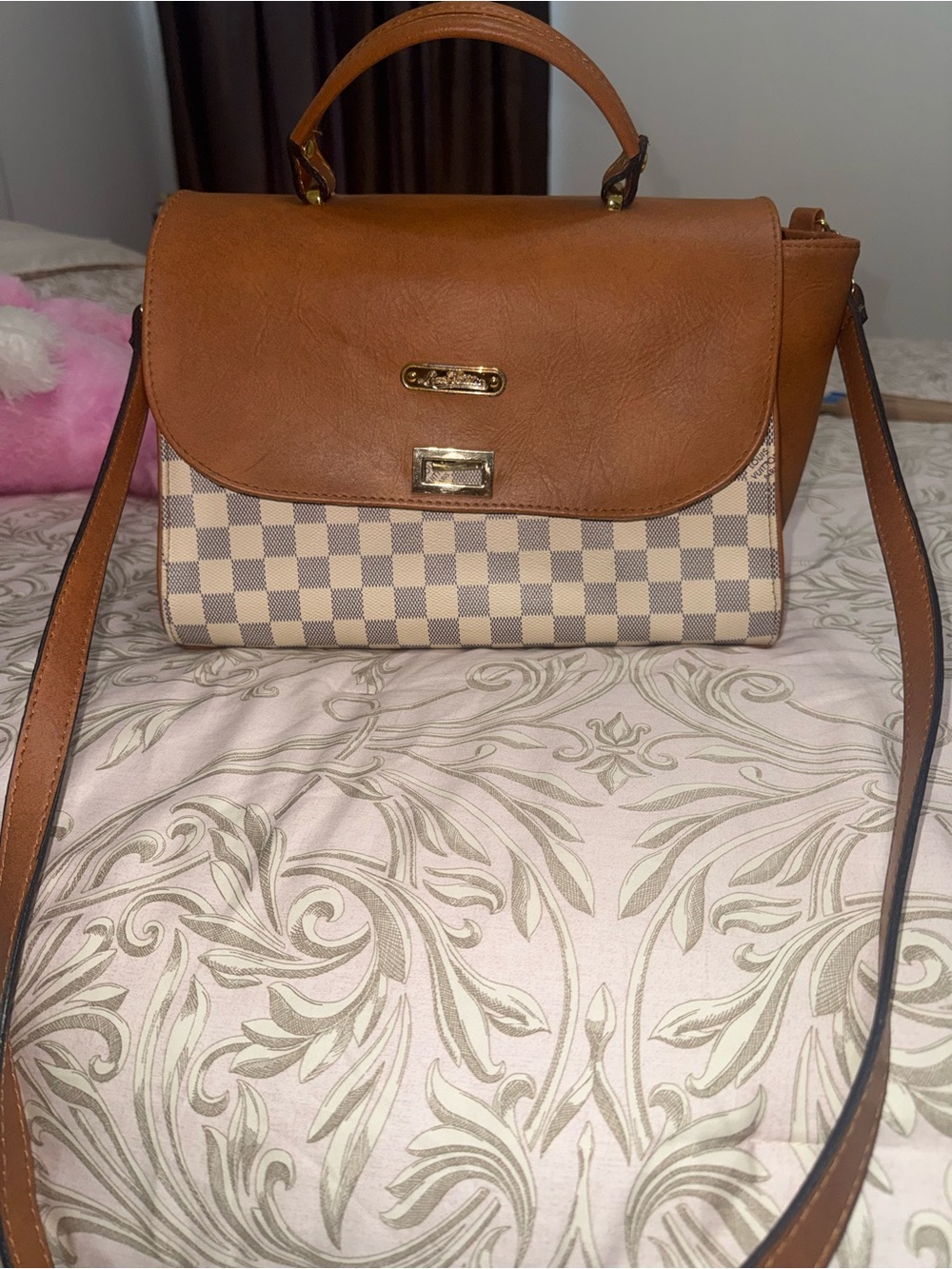 Brown Checkered Top-Handle Satchel with Detachable Strap